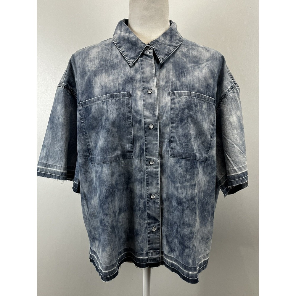 NEW! True Religion Boxy Step Hem Button Up Shirt Womens L Denim Chambray Modern